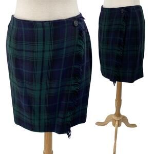 Vintage 90s Worsted Wool Skirt Tartan Plaid Wrap Navy Green Petite Womens M P